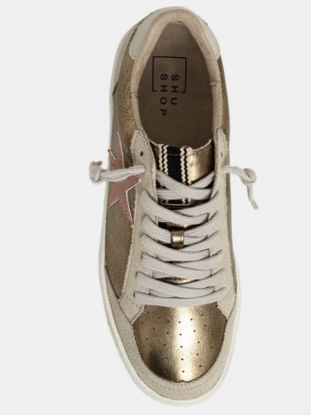 ShuShop Gold Metallic & Beige Suede Sneakers with Pink Star